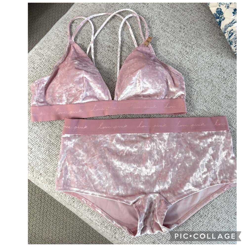 Victoria’s Secret PINK Crushed Velvet Bralette Panty Set Pink XL NWT
